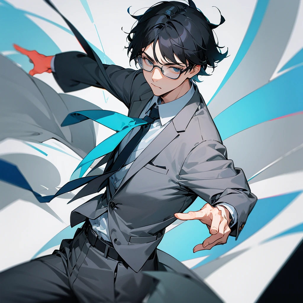 Short black hair, glasses and a grey suit、Draw the whole image of a cool guy with a light blue tie. Don&#39;t add any wrinkles around his forehead.、The shape of your hands has been strange for a while now. Please draw them properly. They are a little too young and thin, so make them more muscular and add some maturity to the face.