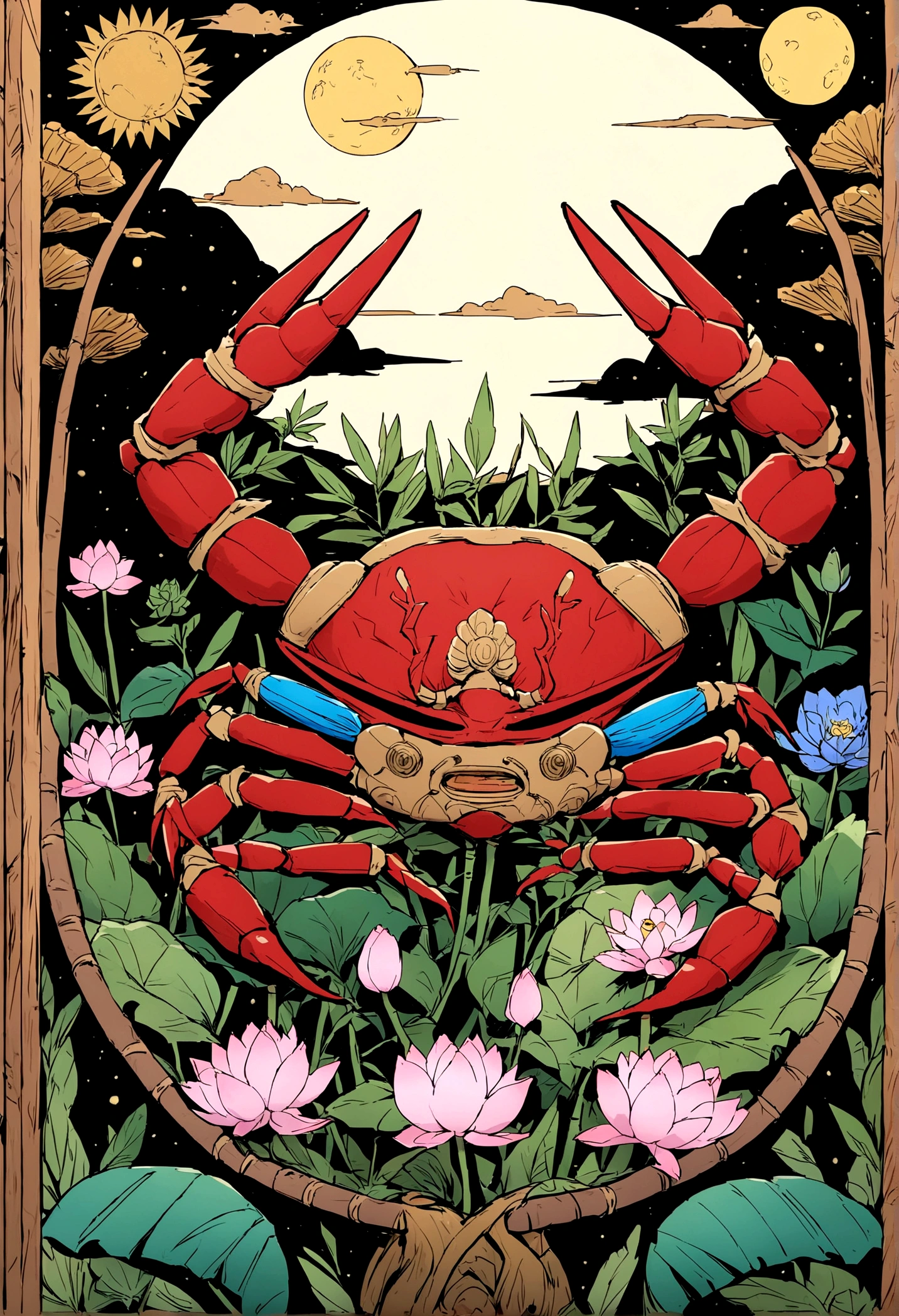 Create a drawing based on Aku Aku and uka uka from crash (wooden mask with other natural materials such as bamboo or feathers even flowers) in the shape of a crab, that represent the sign of Cancer, with a moon and accompanied by a lotus flower of vibrant colors. It would be a unique image full of symbolism. Half of the mask is aku aku type and the other half is uka uka but based on a pianist crab with the moon and a lotus flower, animated image