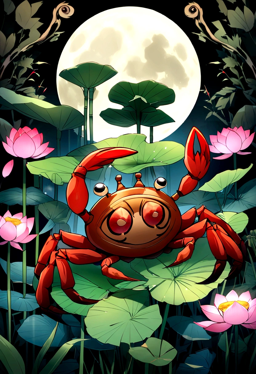 Create a drawing based on Aku Aku and uka uka from crash (wooden mask with other natural materials such as bamboo or feathers even flowers) in the shape of a crab, that represent the sign of Cancer, with a moon and accompanied by a lotus flower of vibrant colors. It would be a unique image full of symbolism. Half of the mask is aku aku type and the other half is uka uka but based on a pianist crab with the moon and a lotus flower, animated image 