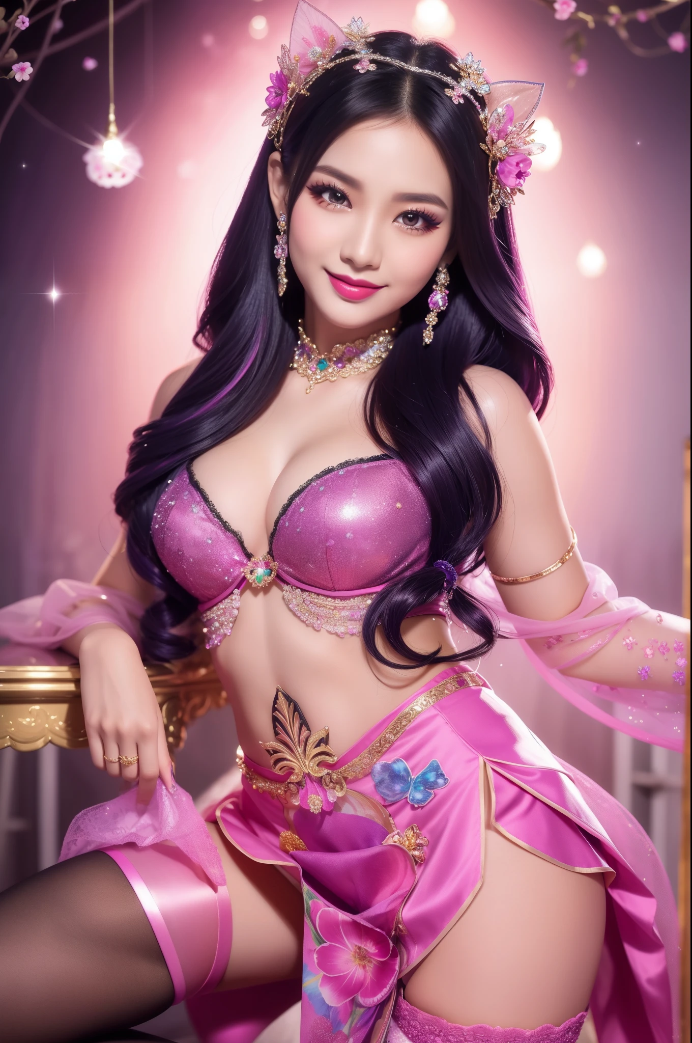 sexy Thai model who controls poison、beautiful smile、lip-gloss、bold lipstick、long lashes、ultra detailed makeup、look at the camera、full body Esbian、、sparkling poisoned flower costume、、、、sparkling Colorful hair、secrete poison、skull hair accessories、sexy tights、shiny sparkling flowers background