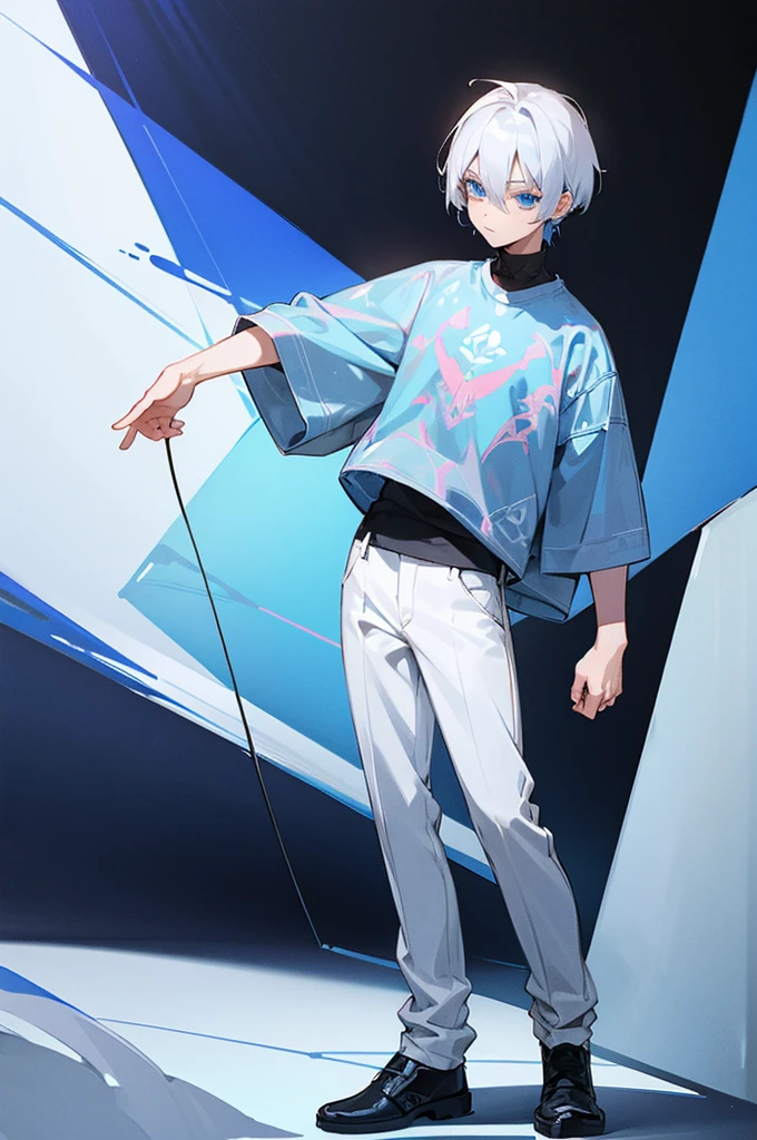 A boy with short unruly silver white hair and sapphire blue eyes(full body picture) in casual clothing