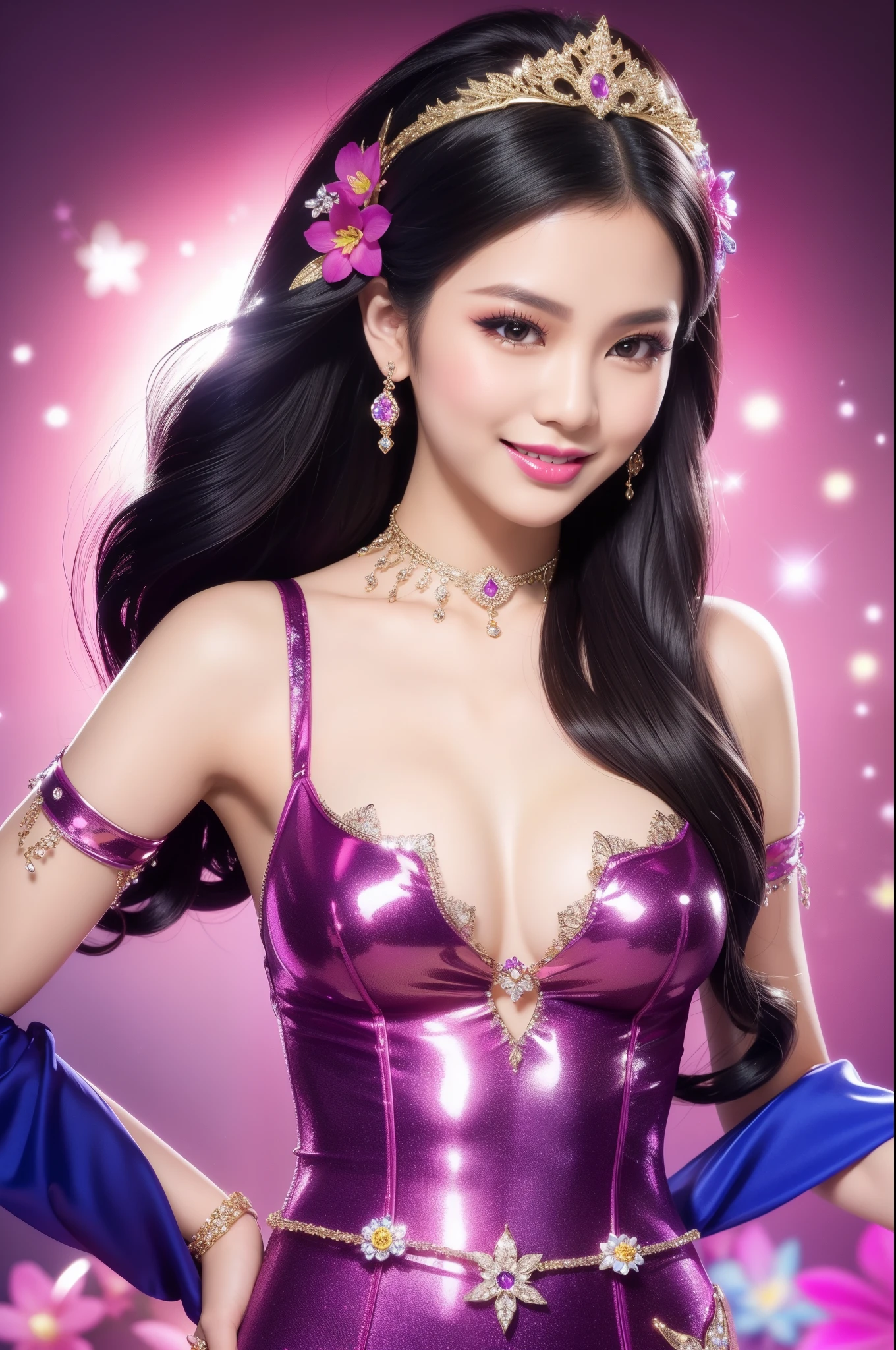 sexy Thai model who controls poison、beautiful smile、lip-gloss、bold lipstick、long lashes、ultra detailed makeup、look at the camera、full body Esbian、、sparkling poisoned flower costume、、、、sparkling Colorful hair、secrete poison、skull hair accessories、sexy tights、shiny sparkling flowers background