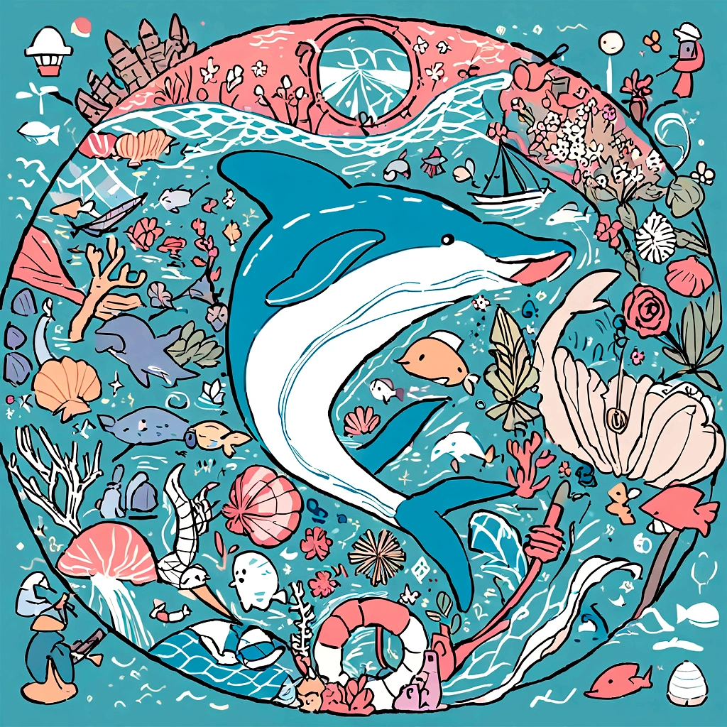 The pattern is circular，The base color is blue，There are dolphins，Coral，Rolling Sea，Sea Flower，shell，Marine elements such as snail shells，Simple style，Design style，Bright color vision，Stick Figures，Pencil colored core touch,The whale is from the bottom left corner of the circle to the top half circle.，Half of the circle is a wave and a flower，Whale bodies in the ocean are entangled in fishing nets and plastic，The sea dolphins are unharmed