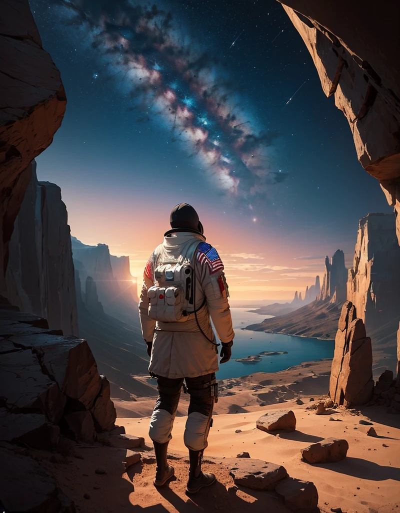 Create a painting of an astronaut standing at the edge of a canyon on Mars, gazing across to the other side, under the serene night sky