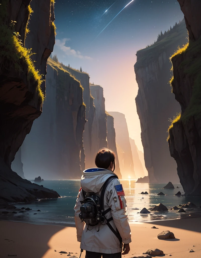 Create a painting of an astronaut standing at the edge of a canyon on Mars, gazing across to the other side, under the serene night sky