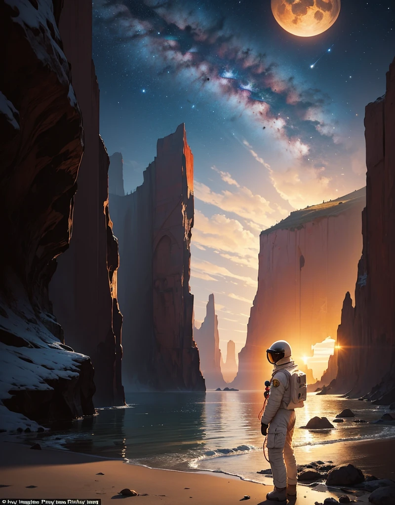 Create a painting of an astronaut standing at the edge of a canyon on Mars, gazing across to the other side, under the serene night sky
