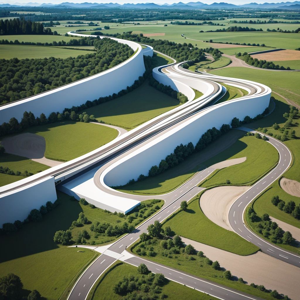 Minimalist white rural town, architecture concept, realistic, detailed, straight road, geometric design