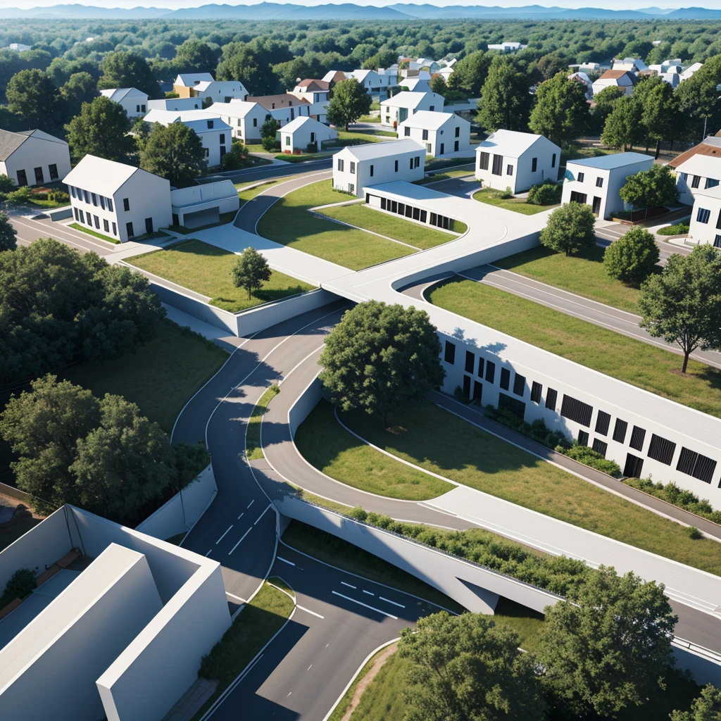 Minimalist white rural town, architecture concept, realistic, detailed, straight road, geometric design 
