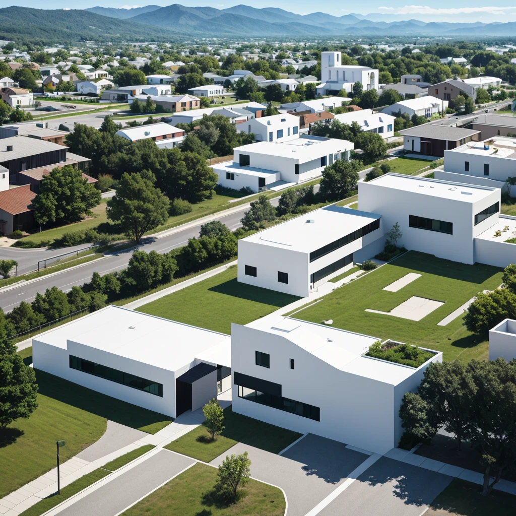Minimalist white rural town, architecture concept, realistic, detailed, straight road, geometric design 