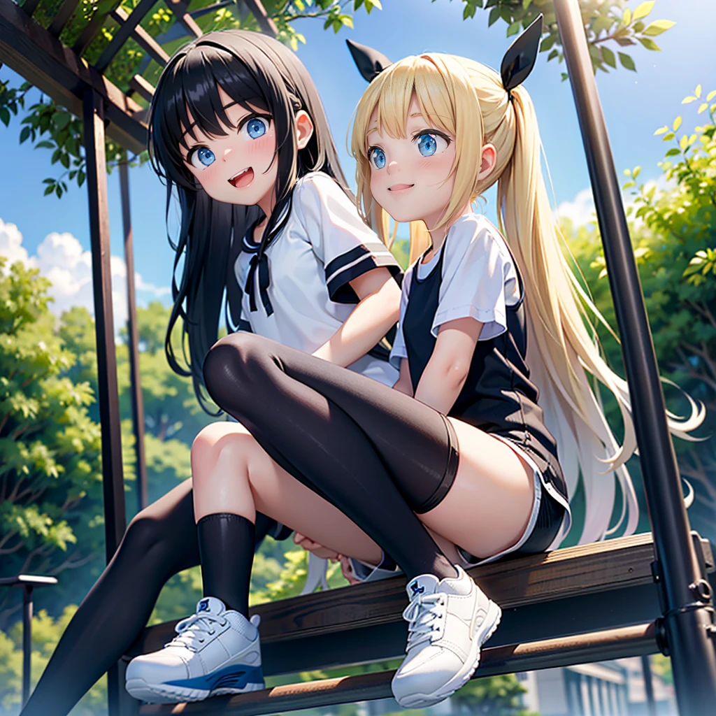 10 and 8 year old girls、blonde, Long Hair, blue eyes, Black Hair Ribbon, white shorts, Black leggings, Happy, Hilarious, Day, outside, White shoes, flat, short, Playing on the jungle gym in the park
