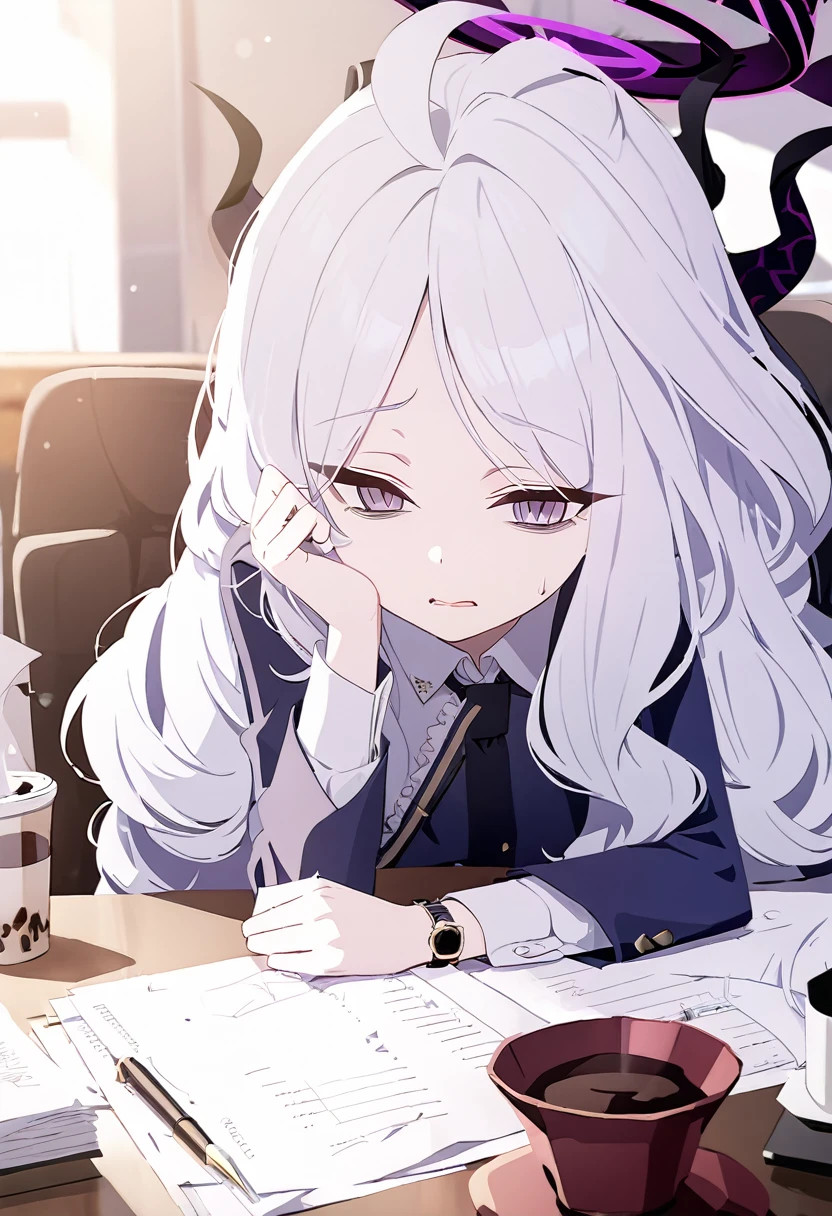 NSFW, Hina, blue archive, 1girl, tired, bags under eyes, coffee, drink, at a desk, paper, paper work, very tired,