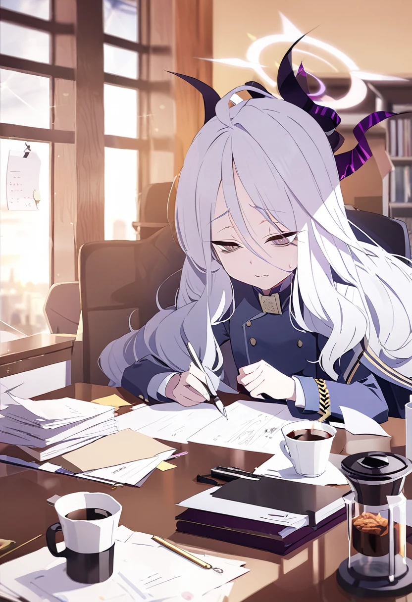 NSFW, Hina, blue archive, 1girl, tired, bags under eyes, coffee, drink, at a desk, paper, paper work, very tired,