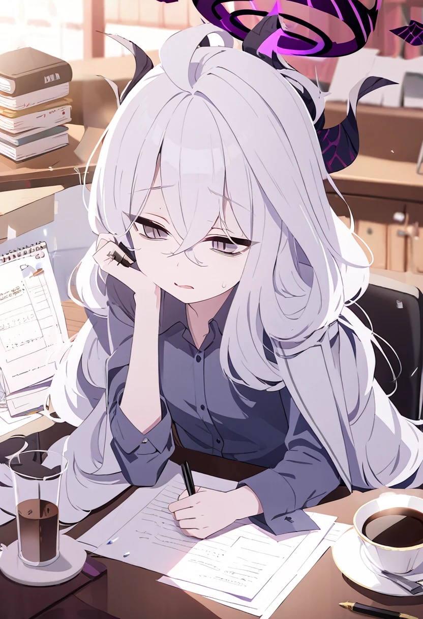 NSFW, Hina, blue archive, 1girl, tired, bags under eyes, coffee, drink, at a desk, paper, paper work, very tired,