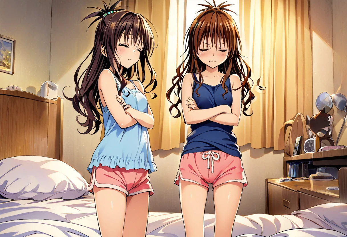 Masterpiece, highres, highest quality, illustration, ultra detailed, best quality, official art, grand prix award illustration, professional lighting, morning sunlight, messy bedroom, yuuki rito (larger, main focus) sleeping in bed, yuuki mikan, hair ornaments, long hair, topknot, wavy hair, (smaller, secondary focus) standing beside bed,wearing blue tanktop and pink shorts, proper size ratio between siblings, arms crossed, frowning face, annoyed expression, alarm clock visible, daily life scene, sibling interaction
