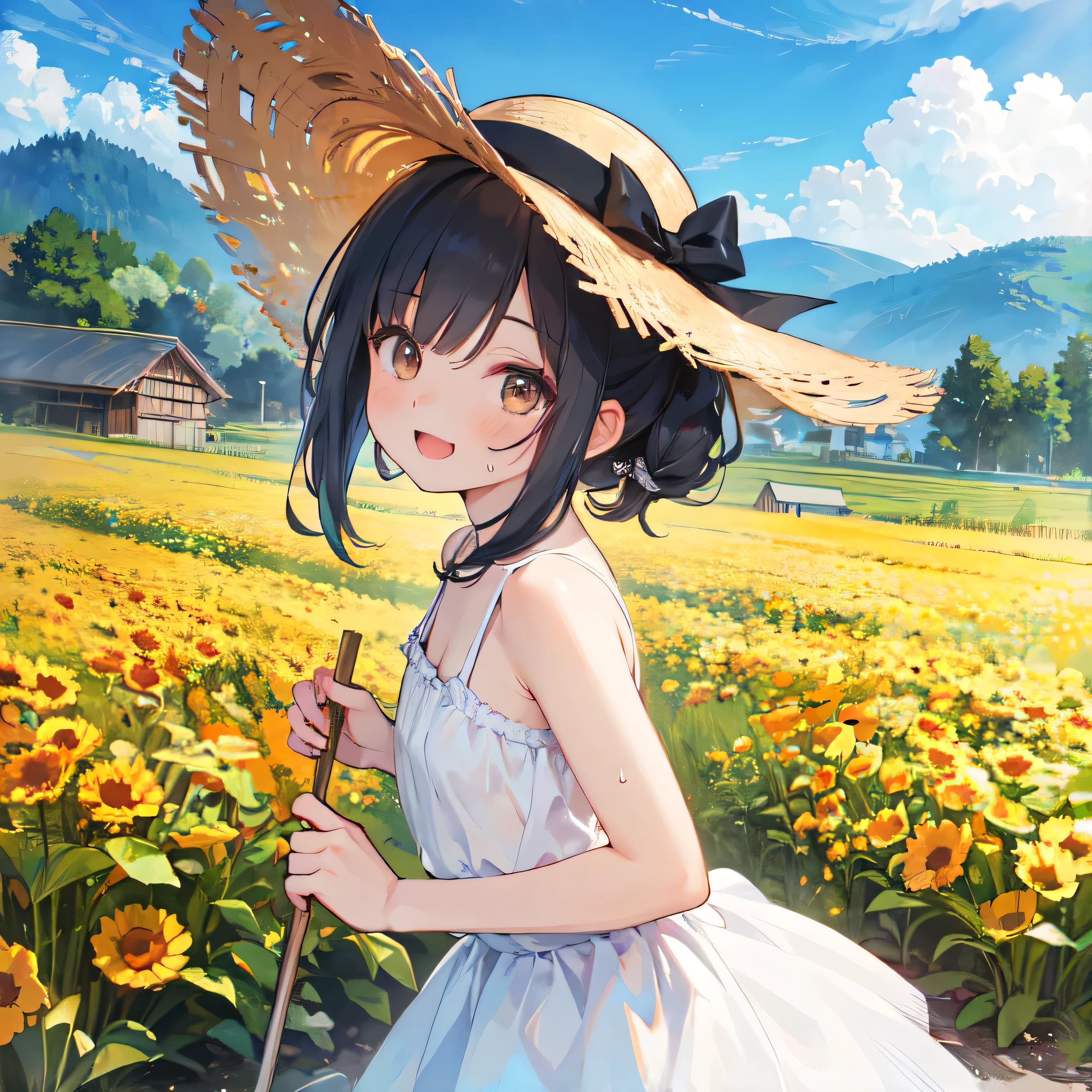 a girl smile and dancing in Paddy field,
Panoramic View,View your viewers,
One girl,smile,Open your mouth,Sweat,whole body,Lean back,Long down blouse,Black Hair,Brown eyes,Hair on one eye,Hair flap,
White sundress,Sweaty dress,See-through dress,Strappy sundress,Sun hat,White Sandals,
Outdoor,Paddy field,blue sky,cloud,Mountain,Home,(sunflower:0.7),truck,countryside,village,road,Electric pole,
(8K,4K,High resolution, Absurd,masterpiece, Highest quality, Highest quality),Very detailed,colorful,Most detailed,Super detailed,Highly detailed CG illustrations,Gorgeous Background,Ultra-fine painting,Vibrant colors,Complex,colorful,perfect mechanism,The perfect perspective,Official Art,Upper Body