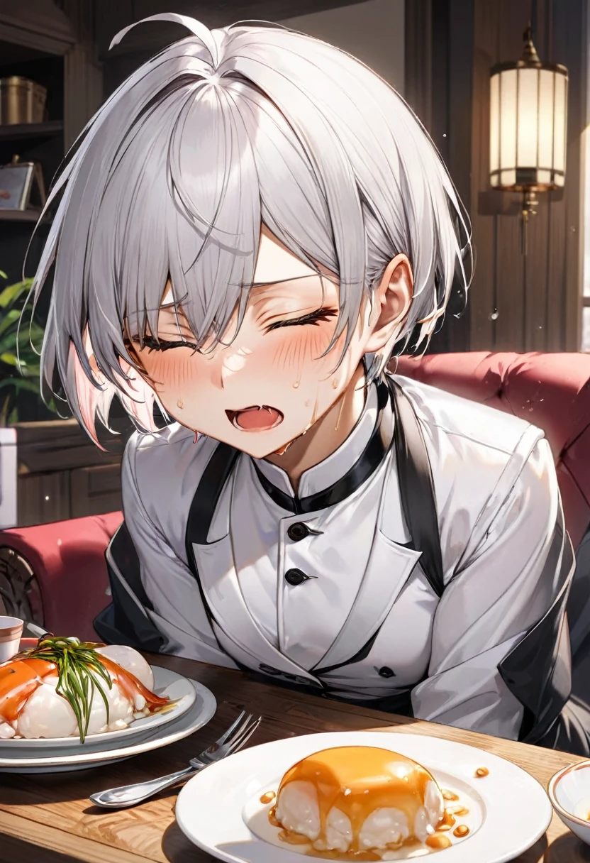 (eating style) (solo:2, 16 yo crew cut silver hair very short hair divine fighter boy, cool Agony closed eyes, agony face, sweaty skin, flat chest), in a butler suit, break, in the livingroom, Natto on the table, BREAK, perfect anatomy, masterpiece, best quality, 16k, beautiful detailed grow, daydreaming expression.