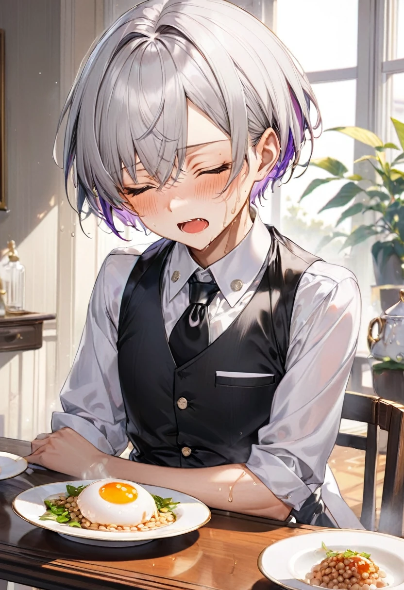 (eating style) (solo:2, 16 yo crew cut silver hair very short hair divine fighter boy, cool Agony closed eyes, agony face, sweaty skin, flat chest), in a butler suit, break, in the livingroom, Natto on the table, BREAK, perfect anatomy, masterpiece, best quality, 16k, beautiful detailed grow, daydreaming expression.