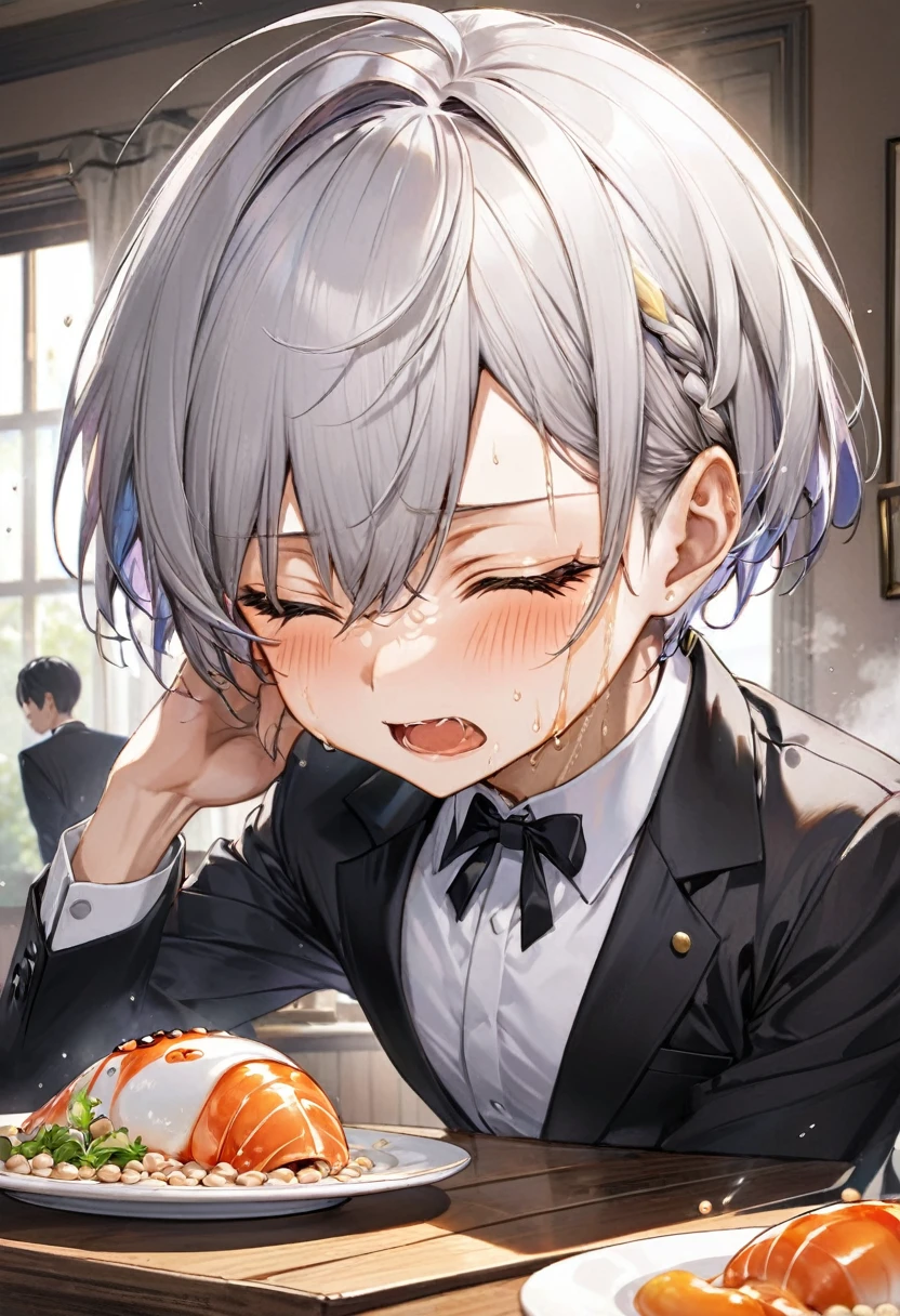 (eating style) (solo:2, crew cut silver hair very short hair divine fighter boy, cool Agony closed eyes, agony face, sweaty skin, flat chest), in a butler suit, break, in the livingroom, Natto on the table, BREAK, perfect anatomy, masterpiece, best quality, 16k, beautiful detailed grow, daydreaming expression.