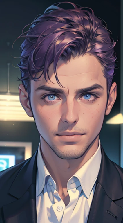 (best quality,4k,8k,highres,masterpiece:1.2),ultra-detailed,(realistic,photorealistic,photo-realistic:1.37),1 man,31 years old,mature man,very handsome,without expression,smile,short purple hair,blue eyes,penetrating gaze,perfect face without errors,imposing posture,businessman,office background,cinematic lighting,hdr image