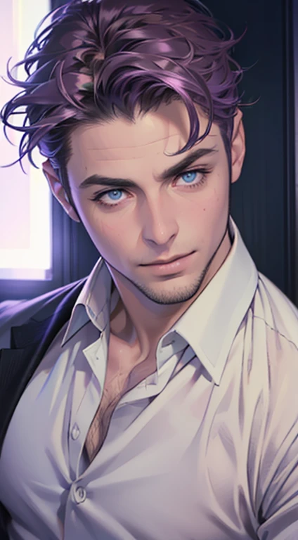 (best quality,4k,8k,highres,masterpiece:1.2),ultra-detailed,(realistic,photorealistic,photo-realistic:1.37),1 man,31 years old,mature man,very handsome,without expression,smile,short purple hair,blue eyes,penetrating gaze,perfect face without errors,imposing posture,businessman,office background,cinematic lighting,hdr image