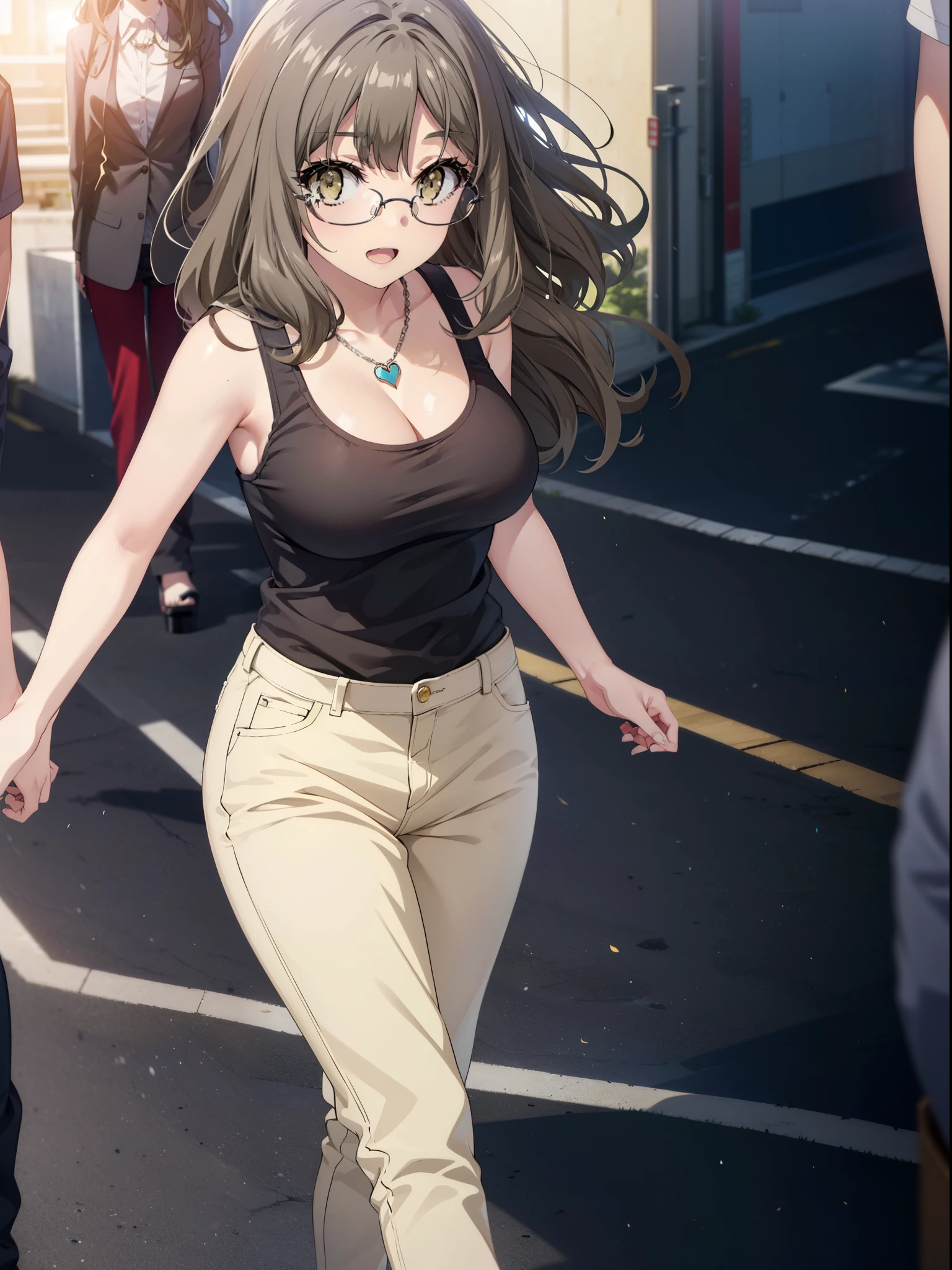 Riofutaba, Rio Futaba, Long Hair, Brown Hair, (Brown eyes:1.5), Glasses,Big Breasts,smile,Open your mouth,Red Tank Top,Heart Necklace,skinny pants,Stiletto heels,Business Back,Walking,morning,morning陽,The sun is rising,whole bodyがイラストに入るように,
break outdoors, Building district,
break looking at viewer, whole body,
break (masterpiece:1.2), Highest quality, High resolution, unity 8k wallpaper, (figure:0.8), (Beautiful attention to detail:1.6), Highly detailed face, Perfect lighting, Highly detailed CG, (Perfect hands, Perfect Anatomy),