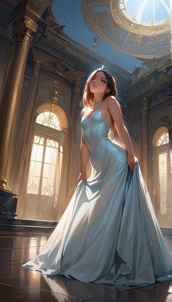 (masterpiece), Princess,Princess,Small breasts,Light blue lace underwear, Natural light, Realistic, Diffuse Light, Looking up from below,vapor, (Lift up your skirt), (urination), Braid,Race Stock Vang,Luxury Long Dress,Embarrassed red face,tiara.royal palace