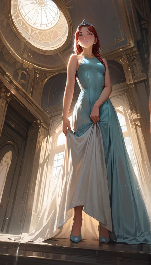 (masterpiece), Princess,Princess,Small breasts,Light blue lace underwear, Natural light, Realistic, Diffuse Light, Looking up from below,vapor, (Lift up your skirt), (urination), Braid,Race Stock Vang,Luxury Long Dress,Embarrassed red face,tiara.royal palace