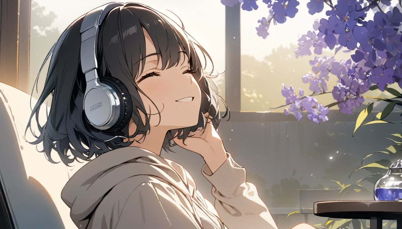 1girl, solo, gentle smile on her face flat chest, short hair, black hair, upper body, ((masterpiece, illustration, best quality)) ((best quality)), ((masterpiece)), (detailed), perfect face, sitting under the Blue Jacaranda (Jacaranda mimosifolia), listening to music, One woman, wearing headphones, eyes closed, wearing a hoodie
