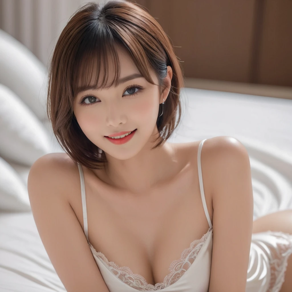 Masterpiece, High Quality, High Resolution, (Super Detail) ), (Wallpaper), ((Face) Detail),masterpiece, One woman per photo, Full Body Shot,Underarm、 Composition looking down at the subject from above, Indonesian Young and beautiful woman, Smiling super cute face, short hair, She is wearing a sleeveless white silk satin chemise with white lace.,White panties、 big breasts、skinny、Glossy Lips, Attractive person, She is lying on her back on a silk bed with her legs spread apart, Silk pillow, Silk bed sheets, Double eyelids on both eyes, Natural Makeup, Long eyelashes, Shiny and smooth light brown hair, Asymmetrical bangs, Fair skin, Center image, 8K resolution, High detail, Detailed hairstyle, Detailed face, Spectacular movie lighting, Vibrant, Ultra-realistic, Perfect limbs, Perfect Anatomy,Beautiful teeth alignment