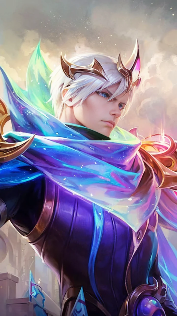 The British villain is tall and strong, with pale skin, short light Spiky Yellow hair, Blue eyes, and white gloves, depicting a serious demeanor in the style of an anime style, showing intricate details.