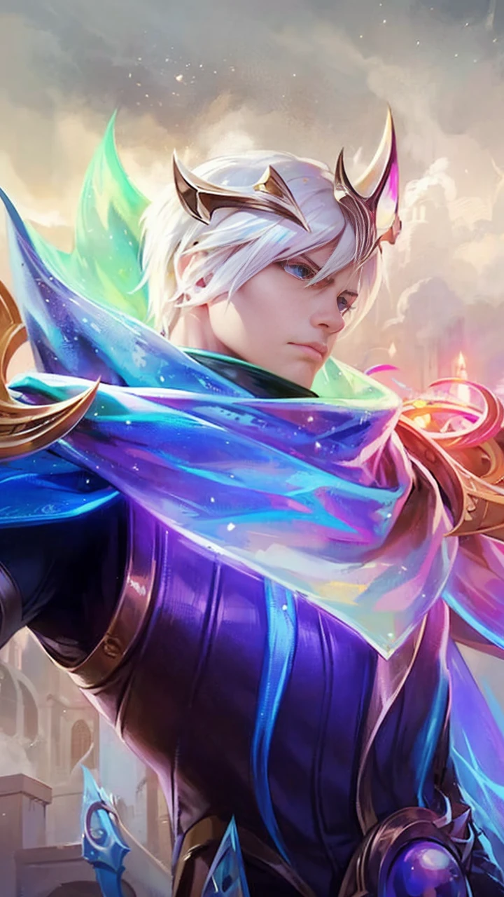 The British villain is tall and strong, with pale skin, short light Spiky Yellow hair, Blue eyes, and white gloves, depicting a serious demeanor in the style of an anime style, showing intricate details.