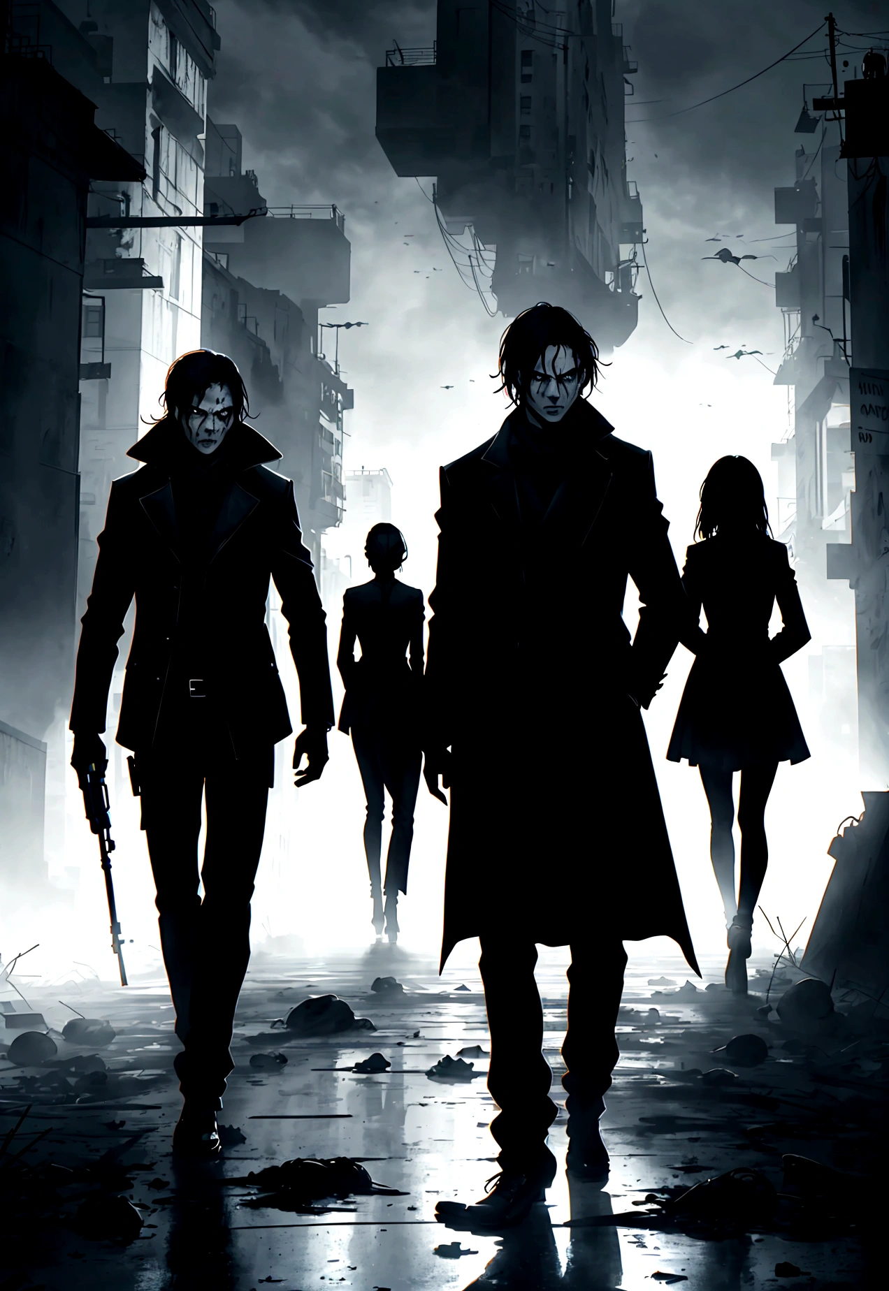 Create a modern book cover, with four silhouettes of women, two silhouettes of men and a silhouette of a , in the midst of the zombie apocalypse