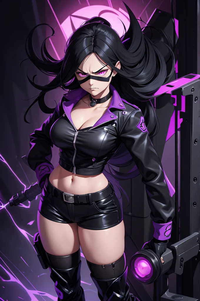 Strong woman villain, Angry face, Black mask over eyes, long black hair, purple glowing eyes, black Rubber shorts, exposes midriff, Long black rubber gloves, long black rubber boots, silver machine attached to back, purple liquid wires on wrist attached to machine on back.