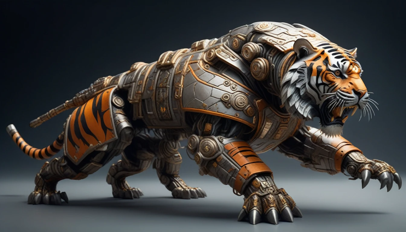 Ultra-realism, ((Masterpiece)), ((Best Quality)), (Very Detailed), ((Very Detailed)), 4K, (8K), very aesthetic, absurdres highres, Create highly textured mechanical tiger artwork. This tiger has a metallic sheen and realistic texture and is constructed with detailed mechanical elements. The colors are metallic gray and silver, with hints of rust, giving it an aged but advanced technological look. The background is simple and focuses on the intricacy and craftsmanship of the tiger design, Design a combat-ready cybernetic tiger equipped with powerful weapons, situated in an outdoor battlefield. The tiger should have missile launchers on its back, laser guns on its front legs, and a shield on its shoulders. It should be slashing at enemies with its sharp claws while advancing and delivering powerful attacks. The background should depict a war-torn battlefield with destroyed buildings, fighting posing, dynamic angle,