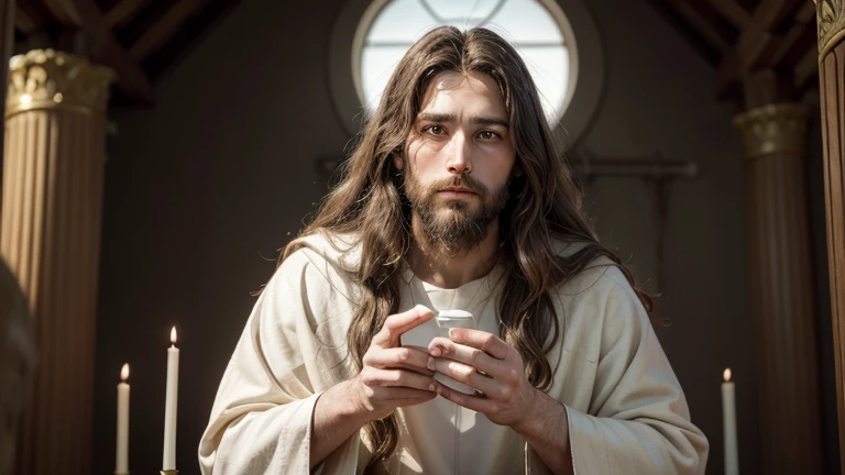 "Create a high definition image of Jesus Christ in a traditional style. He must be portrayed with a serene and compassionate expression, wearing a simple white or cream colored tunic and a blue or red cloak. Jesus must have long, wavy hair, dark brown in color, and a well-groomed beard. The image should show a subtle halo around your head, indicating his holiness. The background must be smooth, perhaps with a natural setting or a clear sky with soft light radiating around Jesus, creating a divine and peaceful atmosphere. The image should convey a sense of love, peace and spirituality."