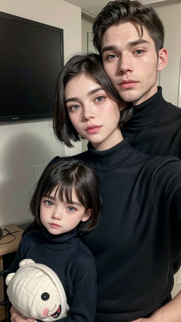 a very far photo full body a couple holding each other Kj apa a 26 year old tall muscular,blue eyes linear beard buzz cut wavy haircut,shiny lips, with freckles defined chin soft skin with a black turtleneck sweater with his girlfriend Halley Baldwin skin all tanned 20 years old brown eyes,defined jaw,bushy eyebrows,bright lips,straight black bob cut hair,sorrisa tierna with a baby doll taking a selfie in a hospital room