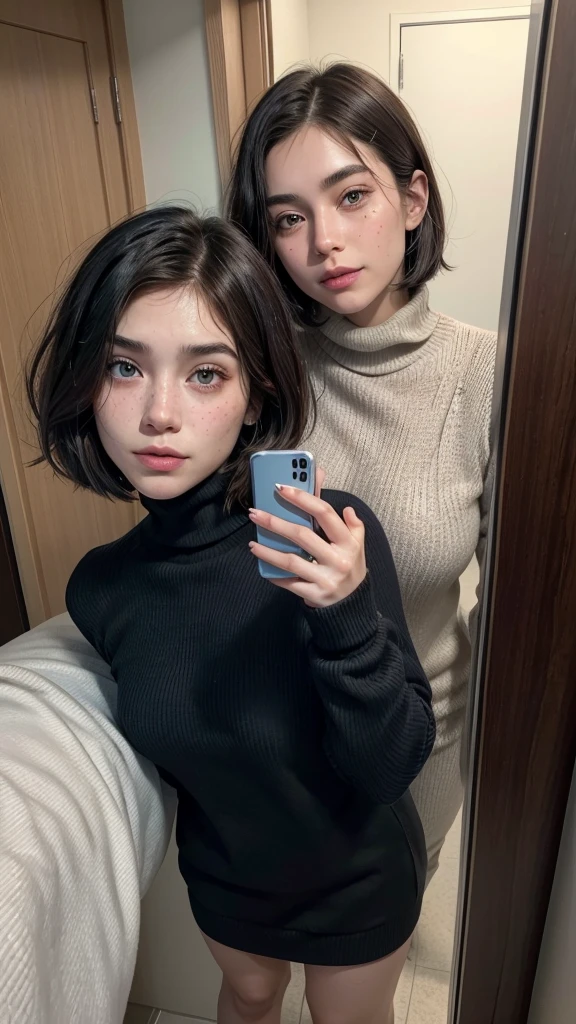 a very far photo full body a couple holding each other Kj apa a 26 year old tall muscular,blue eyes linear beard buzz cut wavy haircut,shiny lips, with freckles defined chin soft skin with a black turtleneck sweater with his girlfriend Halley Baldwin skin all tanned 20 years old brown eyes,defined jaw,bushy eyebrows,bright lips,straight black bob cut hair,sorrisa tierna with a baby doll taking a selfie in a hospital room 
