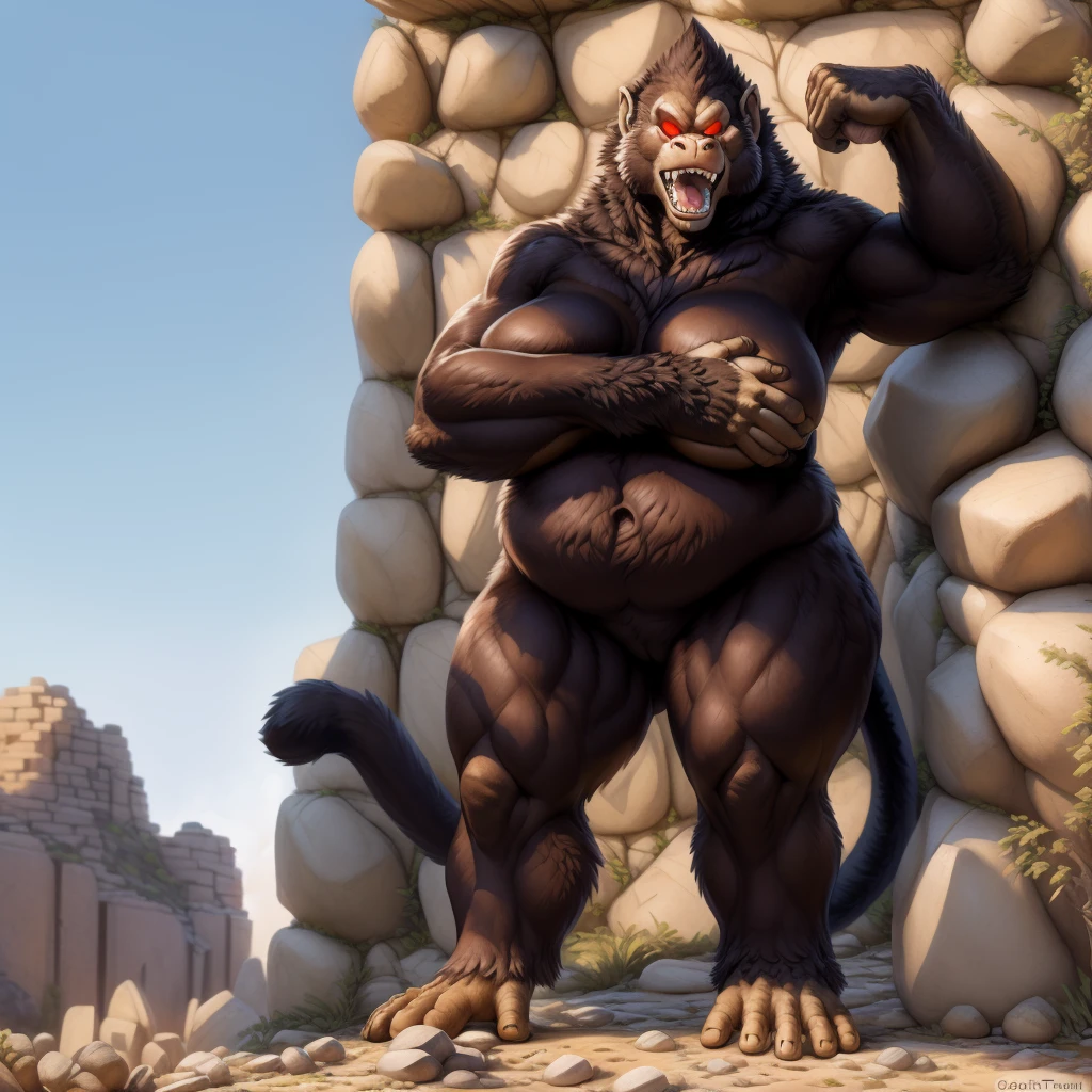 solo, breath (ultra detailed), a beautiful and detailed full size portrait of a female anthro gorilla, oozaru, brown fur, fur body, monkey tail, red eyes, close up view, glowing eyes, empty eyes, tail, bedroom eyes, detailed eyes, big body, sexy body, (wide body). goddess, kenket, Ross Tran,ruan jia, trending on artstation,foxovh, cenematic lighting, front view, big breaths, huge boobs, big boobs, big boos, big , big , day, tree, (((stone wall, rocks, seductive, pose, standing))), curvy figure, fat, obese, (((nude, covering self)), angry, open mouth, blush,