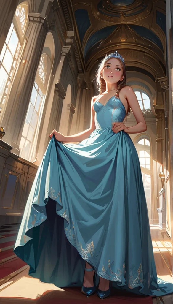 (masterpiece), Princess,Princess,Small breasts,Light blue lace underwear, Natural light, Realistic, Diffuse Light, Looking up from below,vapor, (Lift up your skirt), (urination), Braid,Race Stock Vang,Luxury Long Dress,Embarrassed red face,tiara.royal palace