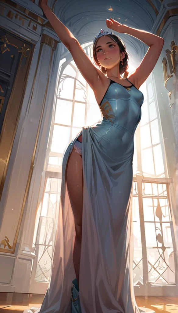 (masterpiece), Princess,Princess,Small breasts,Light blue lace underwear, Natural light, Realistic, Diffuse Light, Looking up from below,vapor, (Lift up your skirt), (urination), Braid,Race Stock Vang,Luxury Long Dress,Embarrassed red face,tiara.royal palace