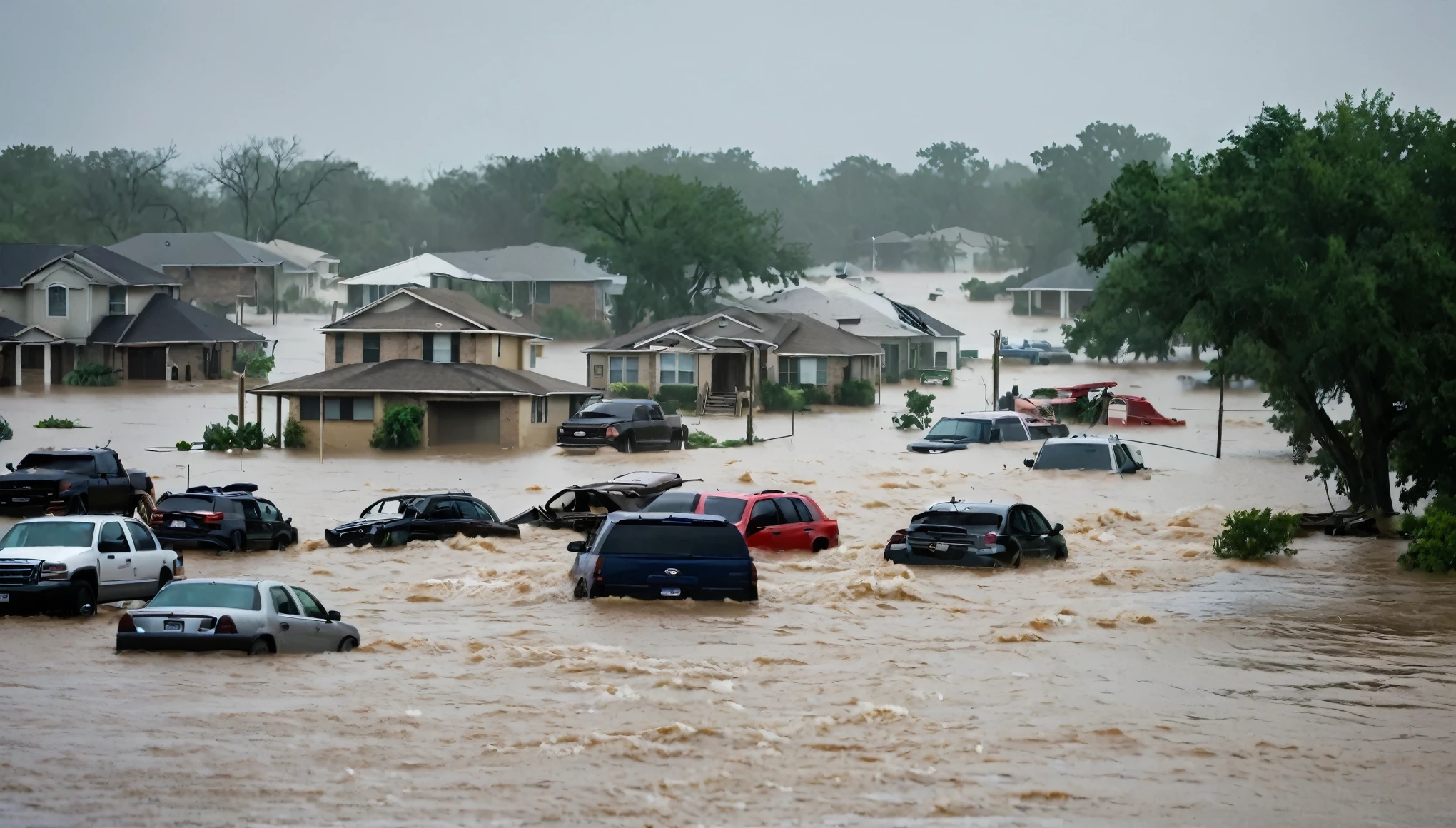 whoa, dramatic image depicts a chaos scenario. Strong winds from a hurricane rip apart houses, causes flooding and destruction in Texas. People trapped in floating cars, Submerged houses and debris in the violent flood.