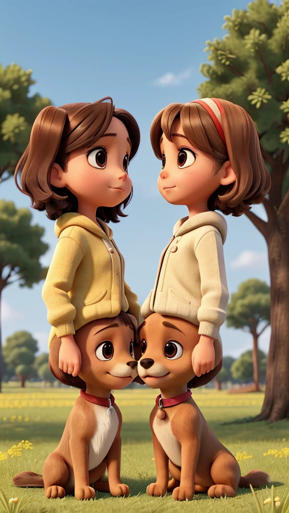Two girls looking at each other passionately in the field, with trees, a small brown dog, a small light brown dog, a small yellow dog and a big gray dog.
