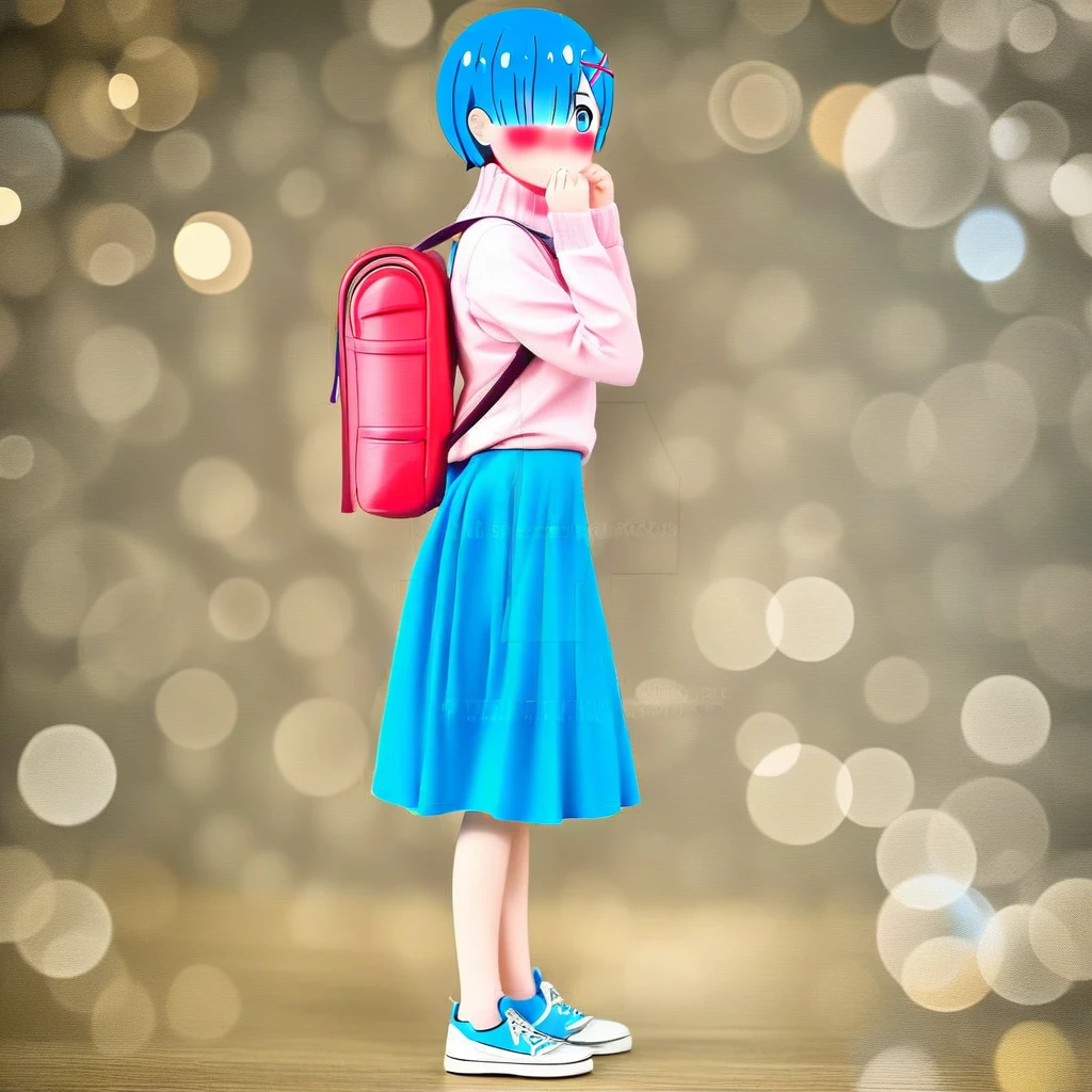A full-body portrait of Rem from Re:Zero, standing in a modern home entrance, (highly detailed face:1.2), (blue short hair:1.1), blue eyes, figure, wearing contemporary cute outfit: pastel pink sweater, light blue denim skirt, white sneakers, small backpack, (blushing:1.2), (shy pose:1.3), (fidgeting with hands:1.1), looking slightly away from viewer, soft natural lighting from the side, bokeh background of entrance area, photorealistic style, high resolution, 8k