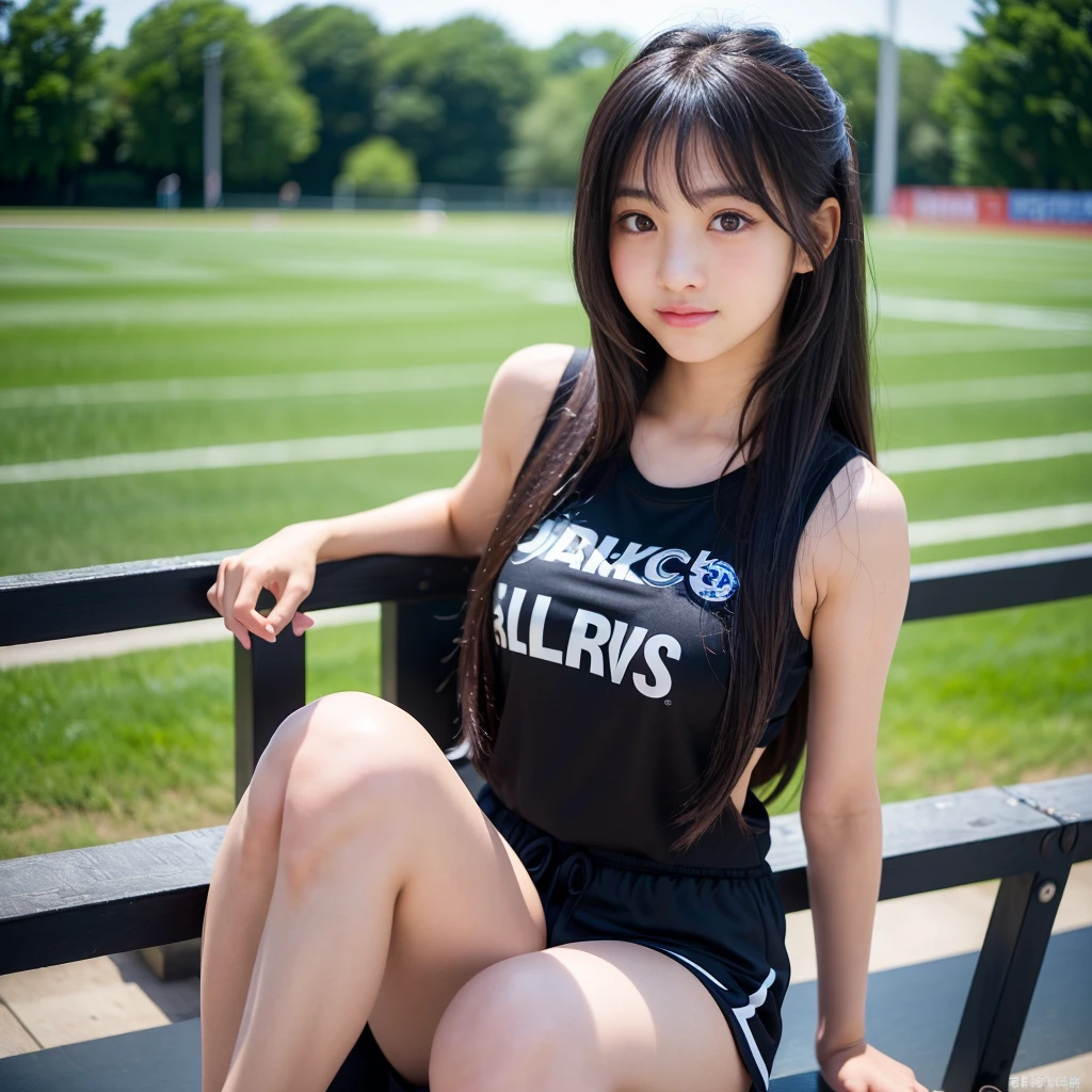 (Best-quality, Masterpiece, Ultra-High-Resolution, (Photorealistic:1.4), Raw Photo, depth of field, professional lighting, perfect anatomy, extremely details), 1girl, 15-years-old, the most famous Japanese idol, standing on athletic-stadium, looking at viewer, innocent smile, (wearing track-and-field-sleeveless-shirt and shorts), ((extremely cute face like the most popular Japanese idol, ((extremely cute and extremely big black-round-eyes)), extremely beautiful black-long-hair, ((extremely beautiful skins)), extremely cute long-eyelashes, extremely cute lips, extremely childish body, extremely childish thighs))