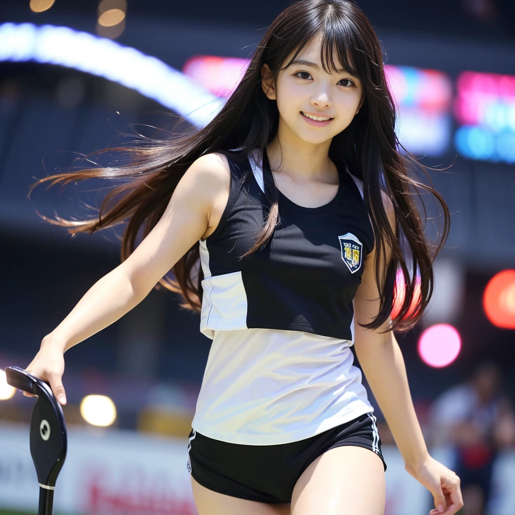 (Best-quality, Masterpiece, Ultra-High-Resolution, (Photorealistic:1.4), Raw Photo, depth of field, professional lighting, perfect anatomy, extremely details), 1girl, 15-years-old, the most famous Japanese idol, standing on athletic-stadium, looking at viewer, innocent smile, (wearing track-and-field-sleeveless-shirt and shorts), ((extremely cute face like the most popular Japanese idol, ((extremely cute and extremely big black-round-eyes)), extremely beautiful black-long-hair, ((extremely beautiful skins)), extremely cute long-eyelashes, extremely cute lips, extremely childish body, extremely childish thighs))