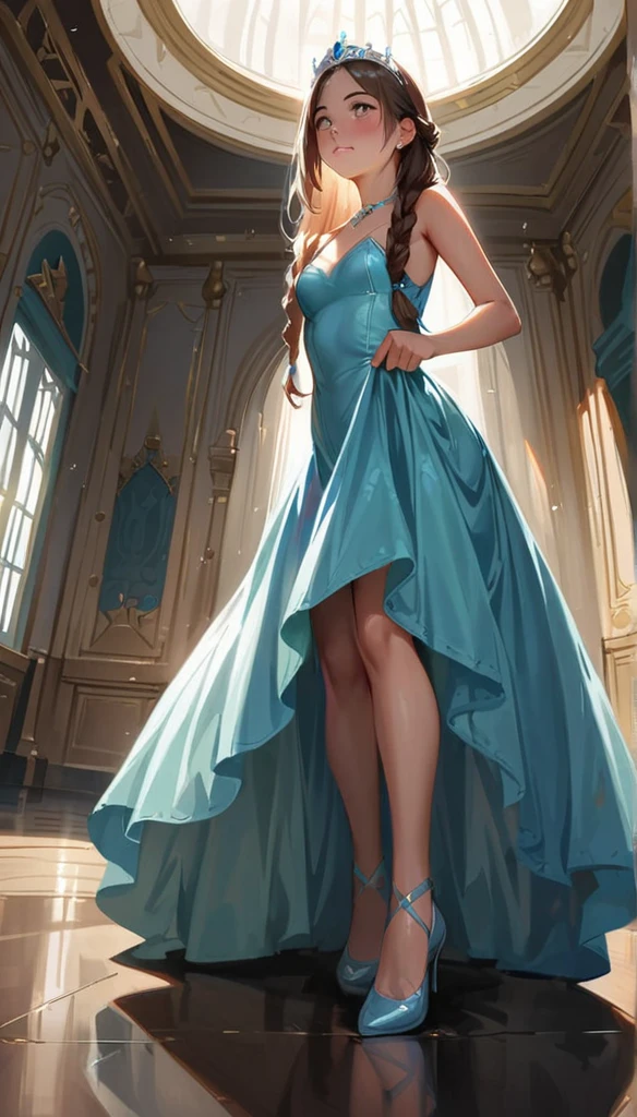 (masterpiece), Princess,Princess,Small breasts,Light blue lace underwear, Natural light, Realistic, Diffuse Light, Looking up from below,vapor, (Lift up your skirt), (urination), Braid,Race Stock Vang,Luxury Long Dress,Embarrassed red face,tiara.royal palace