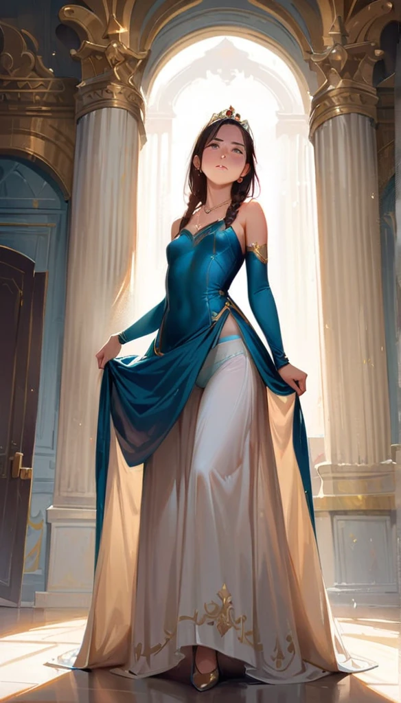 (masterpiece), Princess,Princess,Small breasts,Light blue lace underwear, Natural light, Realistic, Diffuse Light, Looking up from below,vapor, (Lift up your skirt), (urination), Braid,Race Stock Vang,Luxury Long Dress,Embarrassed red face,tiara.royal palace