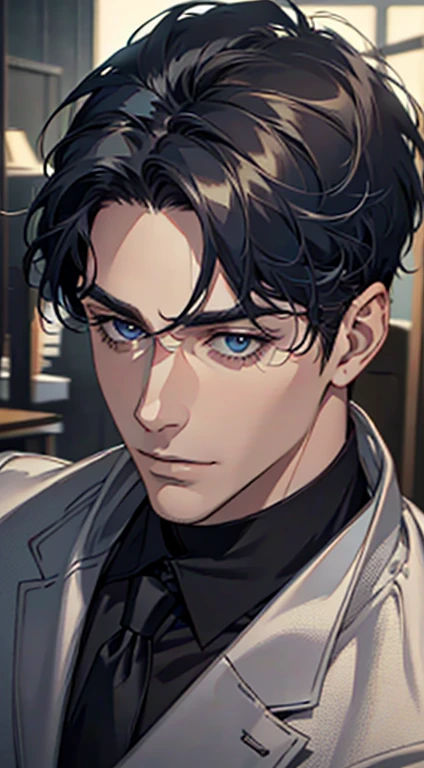 (best quality,4k,8k,highres,masterpiece:1.2),ultra-detailed,(realistic,photorealistic,photo-realistic:1.37),1 man,31 years old,mature man,very handsome,without expression,smile,short blue back hair,blue eyes,penetrating gaze,perfect face without errors,imposing posture,businessman,office background,cinematic lighting,hdr image