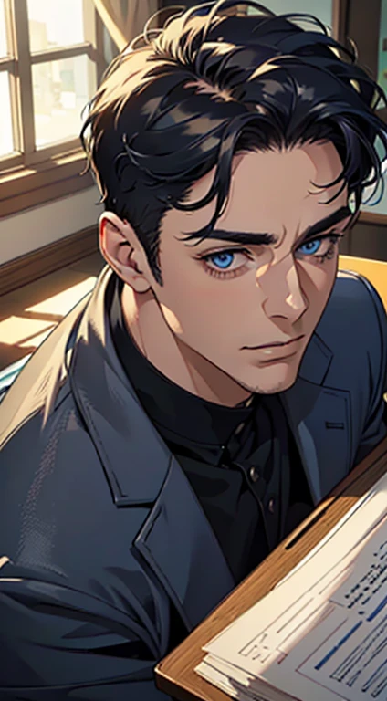 (best quality,4k,8k,highres,masterpiece:1.2),ultra-detailed,(realistic,photorealistic,photo-realistic:1.37),1 man,31 years old,mature man,very handsome,without expression,smile,short blue back hair,blue eyes,penetrating gaze,perfect face without errors,imposing posture,businessman,office background,cinematic lighting,hdr image