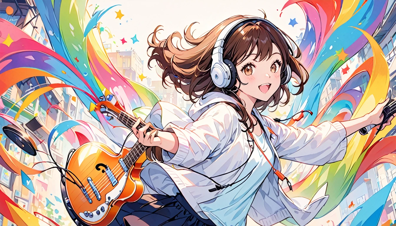 Girl wearing headphones,Brown Hair,1 person,fun,bright,jazz,The background is colorful